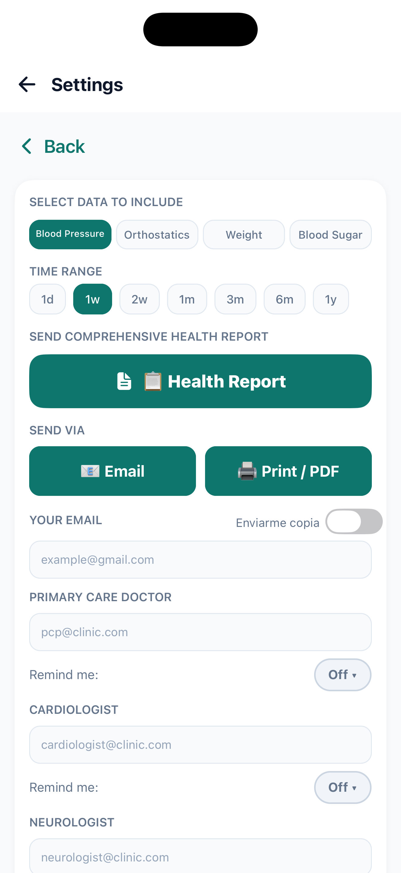 Health report export screen