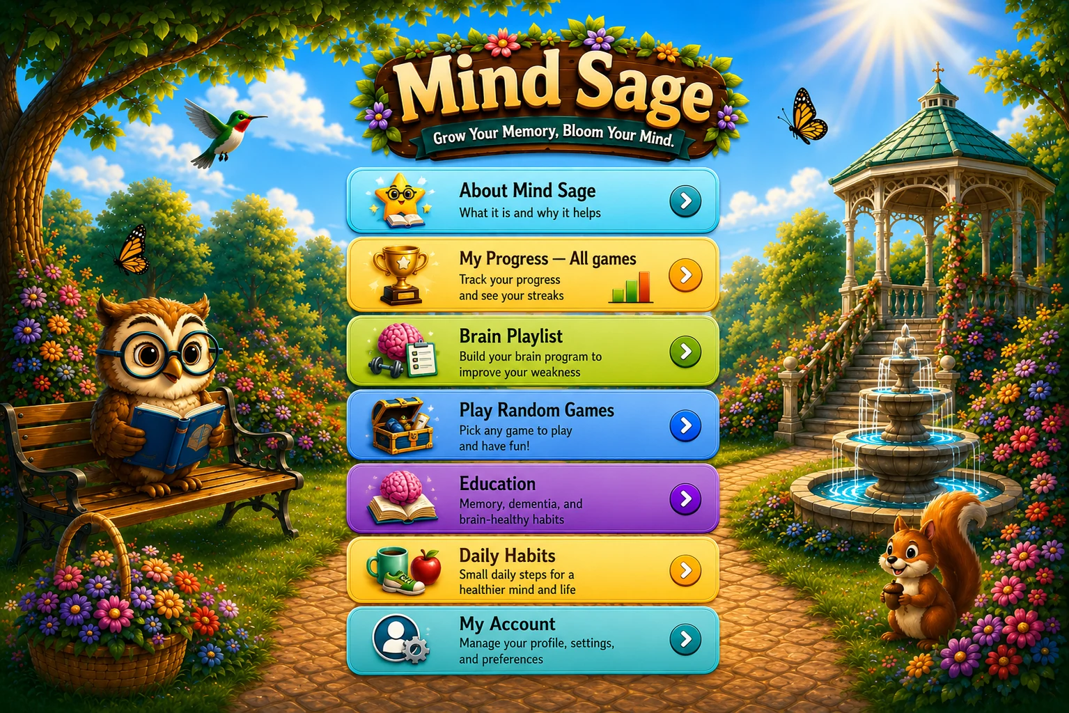Mind Sage home screen with brain-training menu